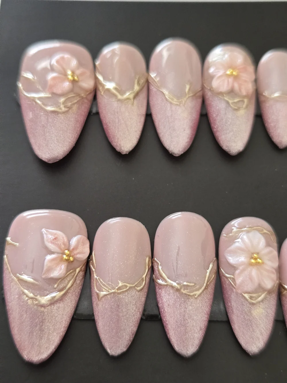 Hand Crafted Pink Floral Press-On Nails with Gold Detail